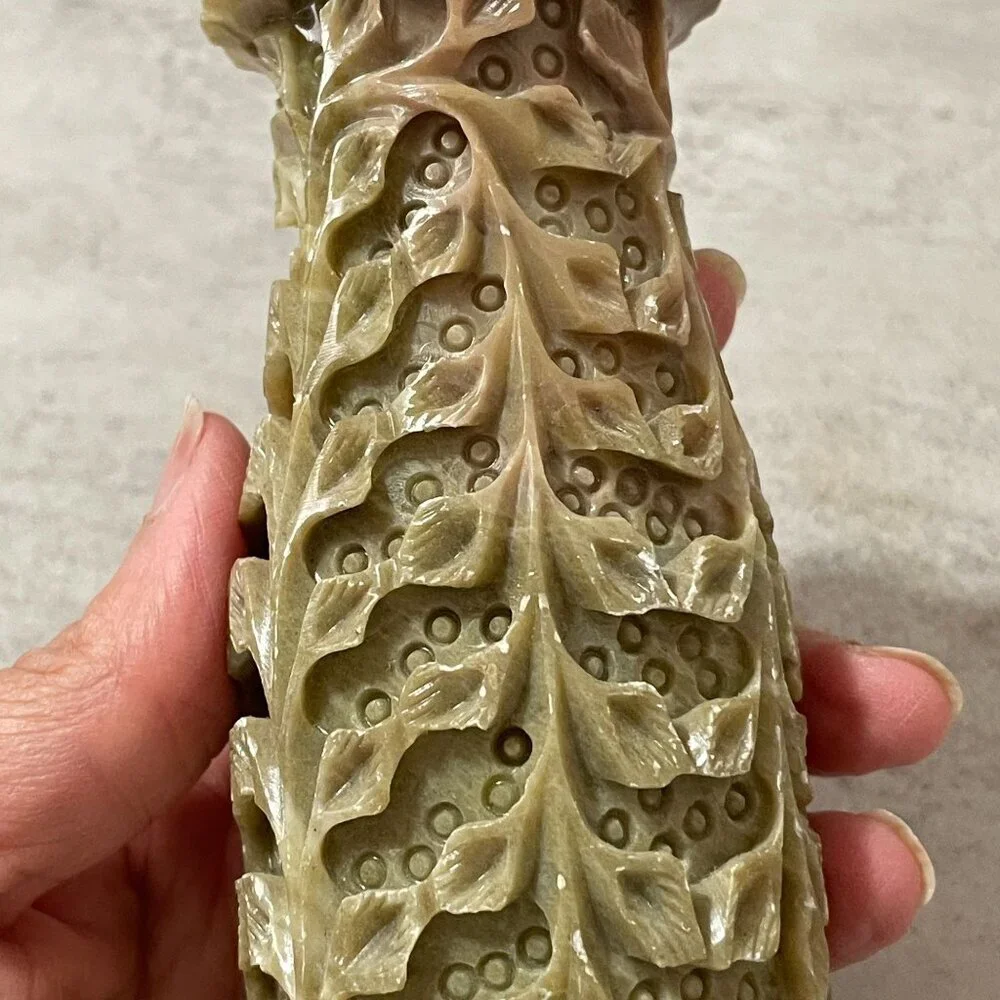 Vintage Pier 1 Carved Green Pink Floral Soapstone Columnar Vases Set of Two 6